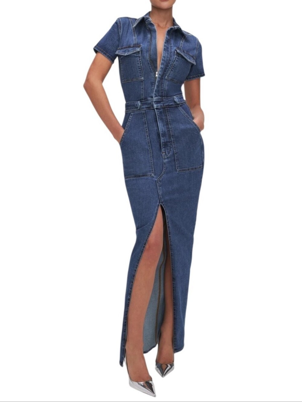 Good American Fit for Success Denim Maxi Dress Plus Size 2X Front Slit Stretchy